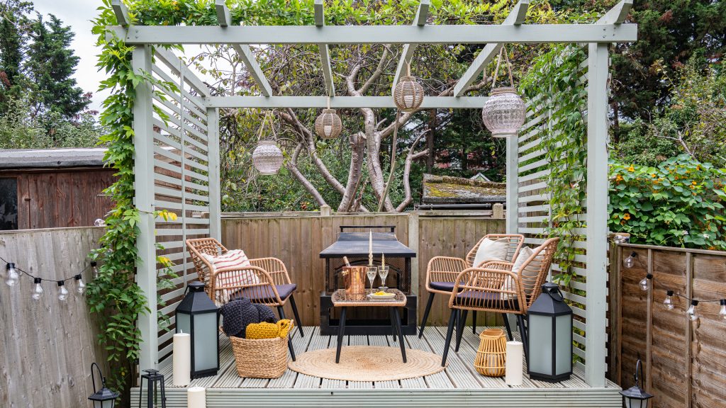 A pleasant, hospitable outdoor spot is provided by pergolas.